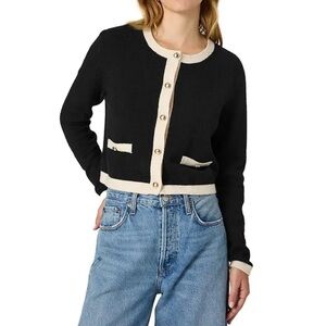 FRENCH CONNECTION Vhari Contrast Trim Cardigan - Black/Classic Cream size XS